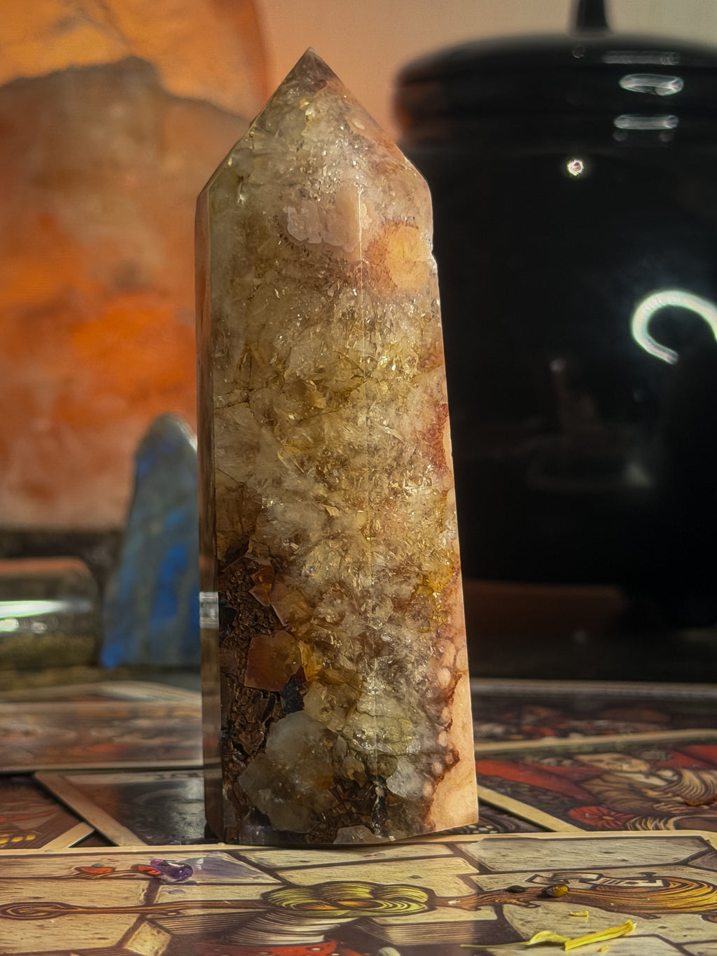 Pink Amethyst, Flower Agate and Quartz Tower