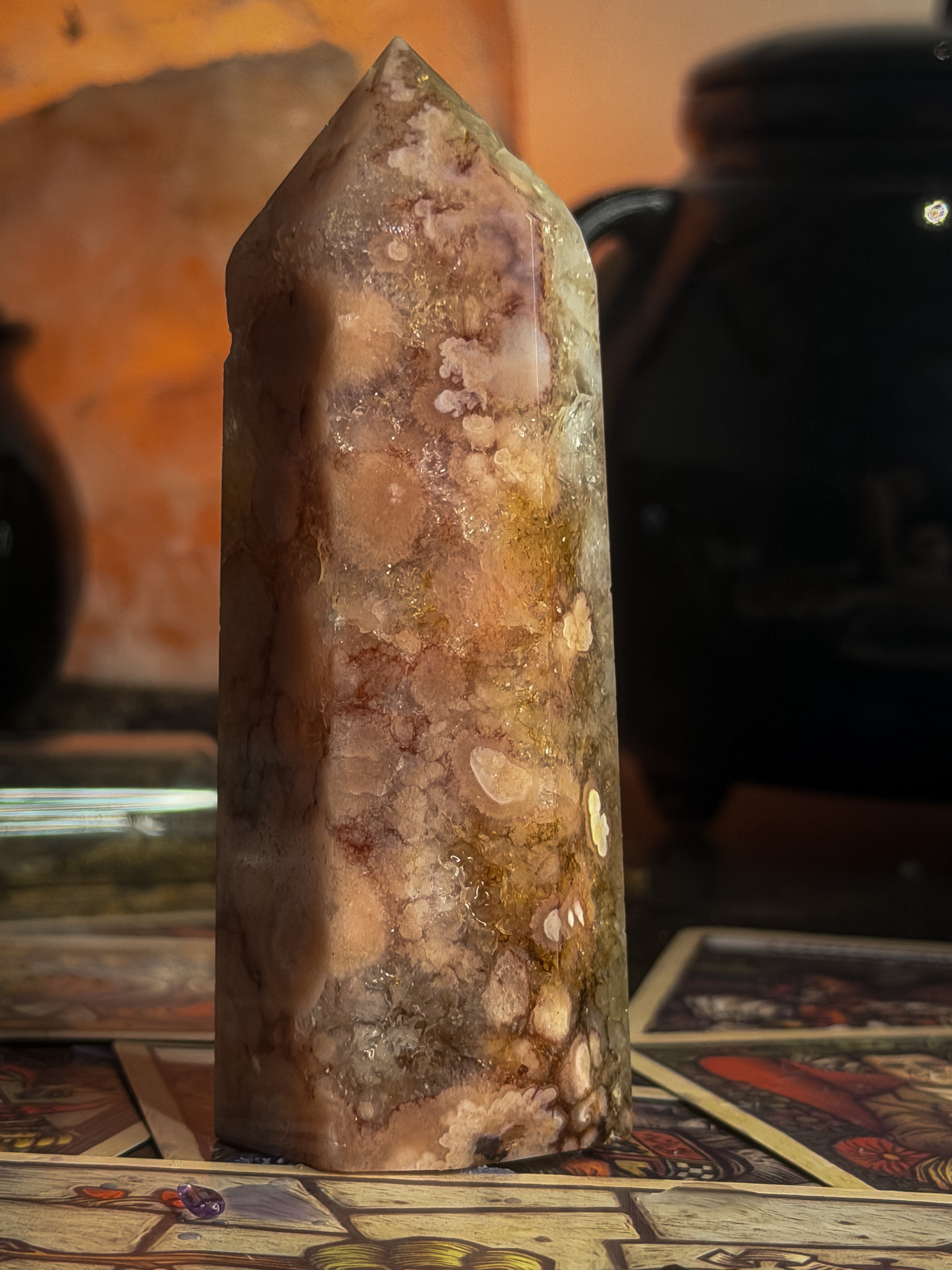 Pink Amethyst, Flower Agate and Quartz Tower