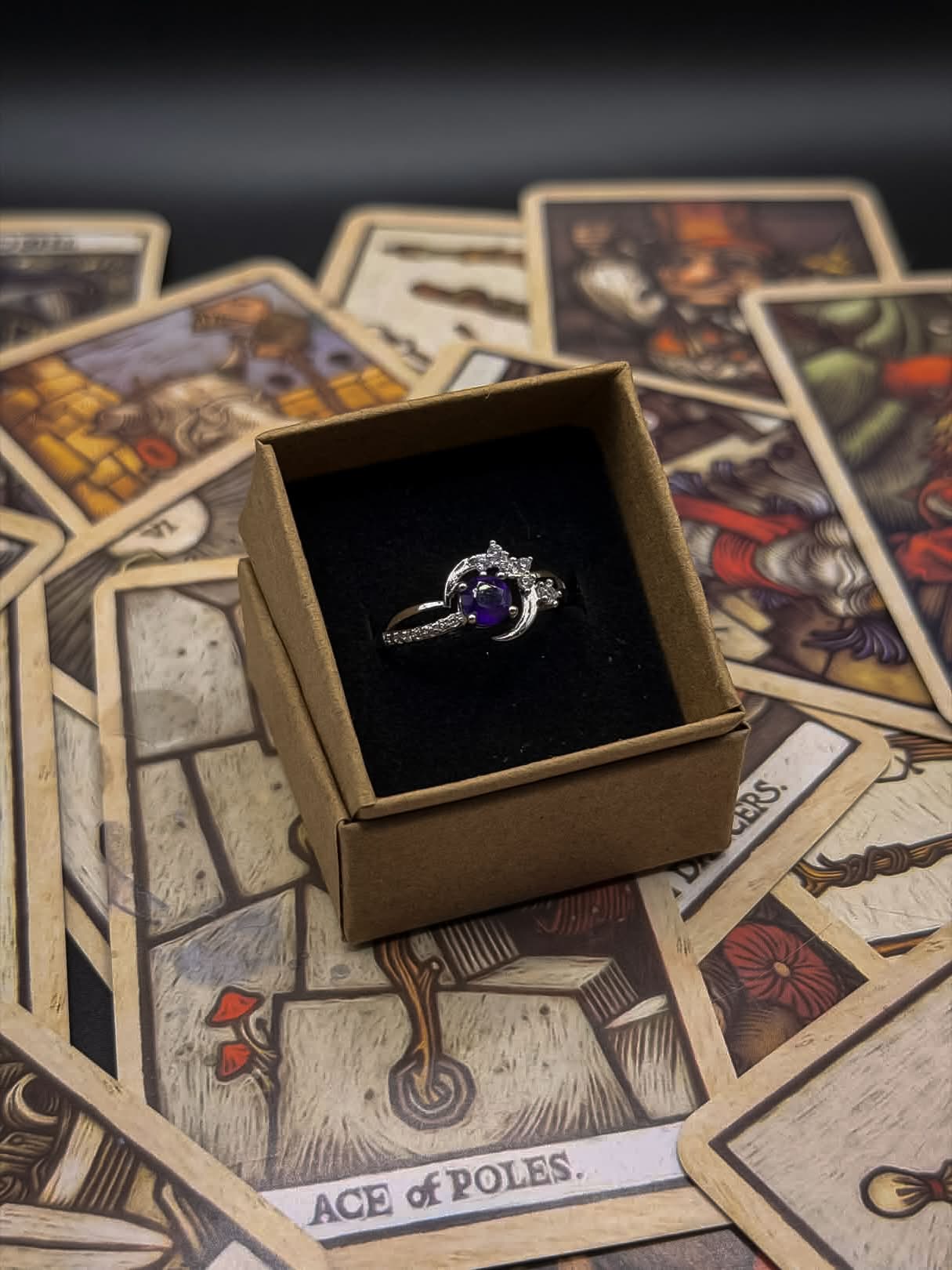 Adjustable Silver-Plated Amethyst Crescent Ring